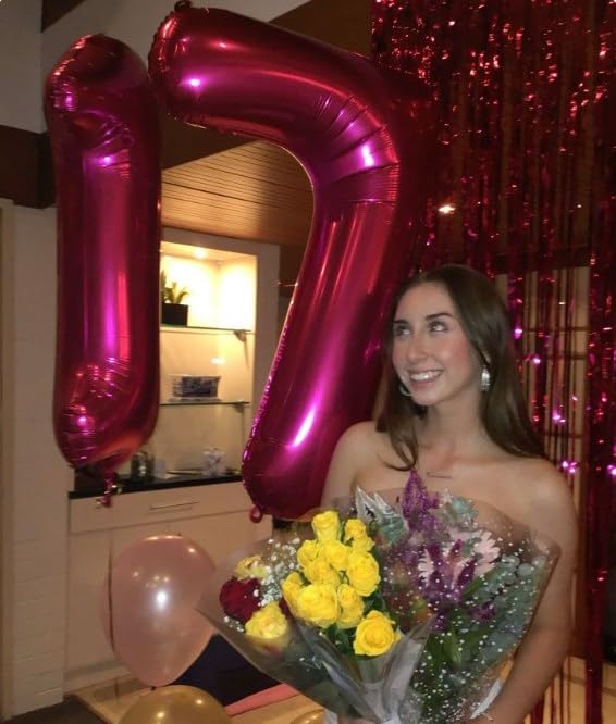 Hot Pink Number 7 Birthday Balloon 40 Inch, Digital Balloons for 7 17 27 70 77 Party Celebration Decorations Supplies, Mylar Foil Numbers Balloon for Seven Wedding Anniversary