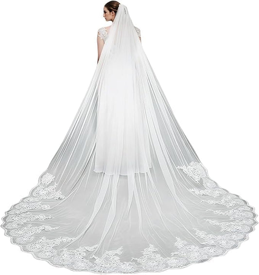 Bridal Veil long Cathedral Length Lace Sequins Edge 1 Tier Wedding Veil with Metal Comb for Brides