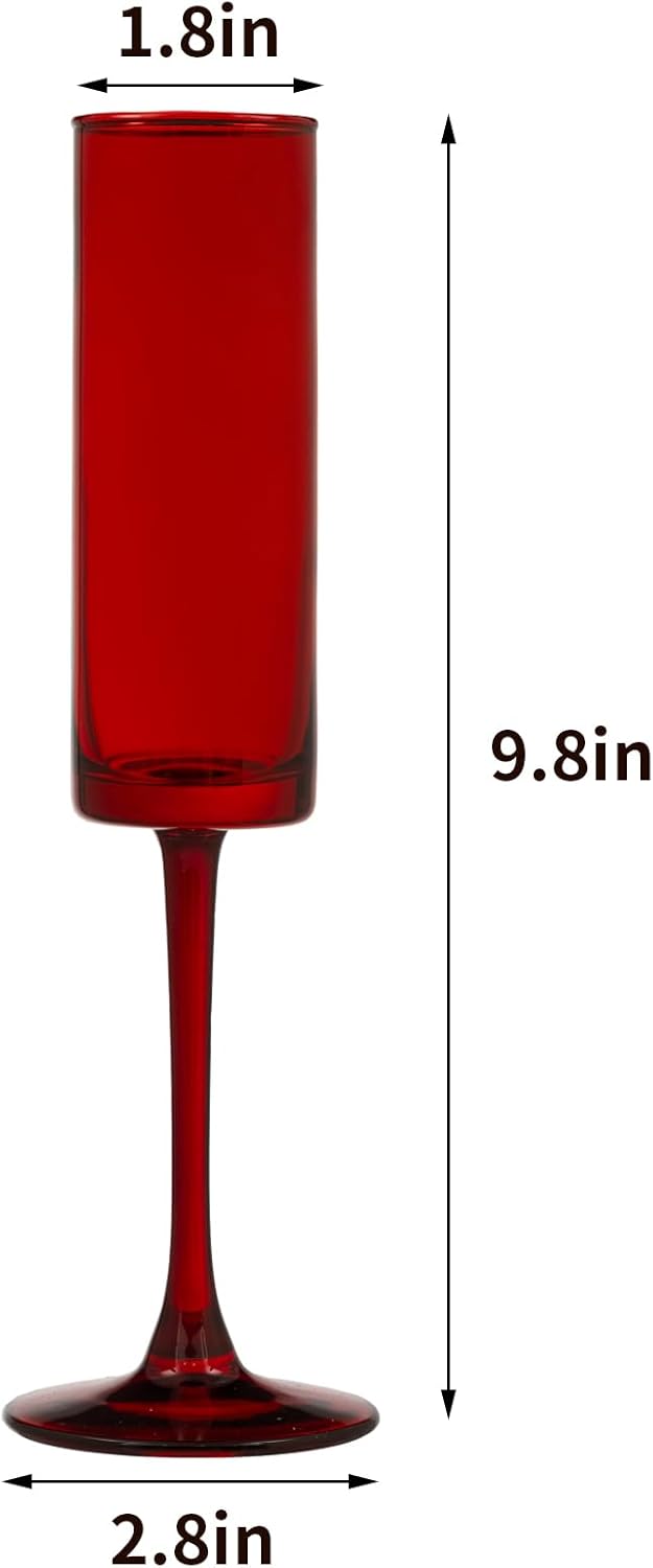 24 Pieces Red Champagne Flutes 6 OZ Straight Sided Wine Glasses Champagne Long Stem Drinking Colored Glasses,Set of 24 Hand Blown Champagne Flutes Goblets for Wedding Cocktail Cups,Cava, Prosecco