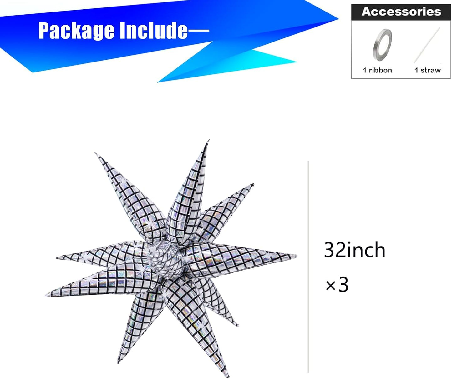 3pcs 32inch Iridescent disco explosion star foil balloons.Black white Foil Cone Star burst Balloons for disco Birthday Bachelorette Party decorations.