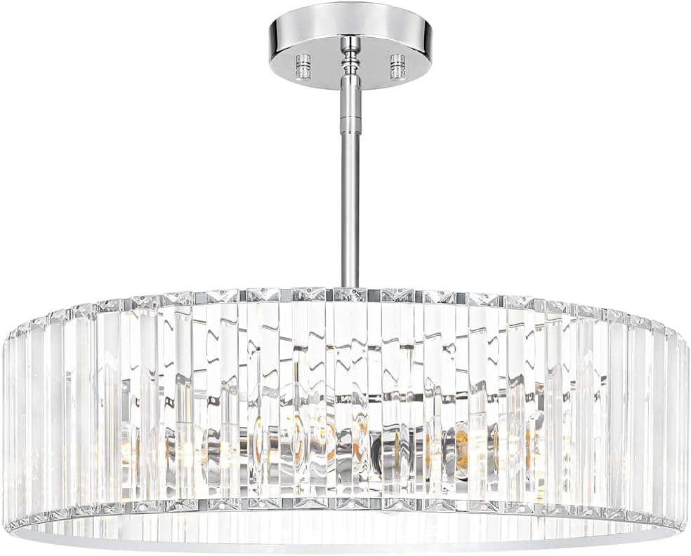 Modern Crystal Chandelier for Dining Room, 6 Light Chrome Semi Flush Mount Ceiling Light Fixtures, 19in Hallway Fixture, Round Kitchen Hanging Drum Pendant Lights Ceiling for Living Room Bedroom Foyer