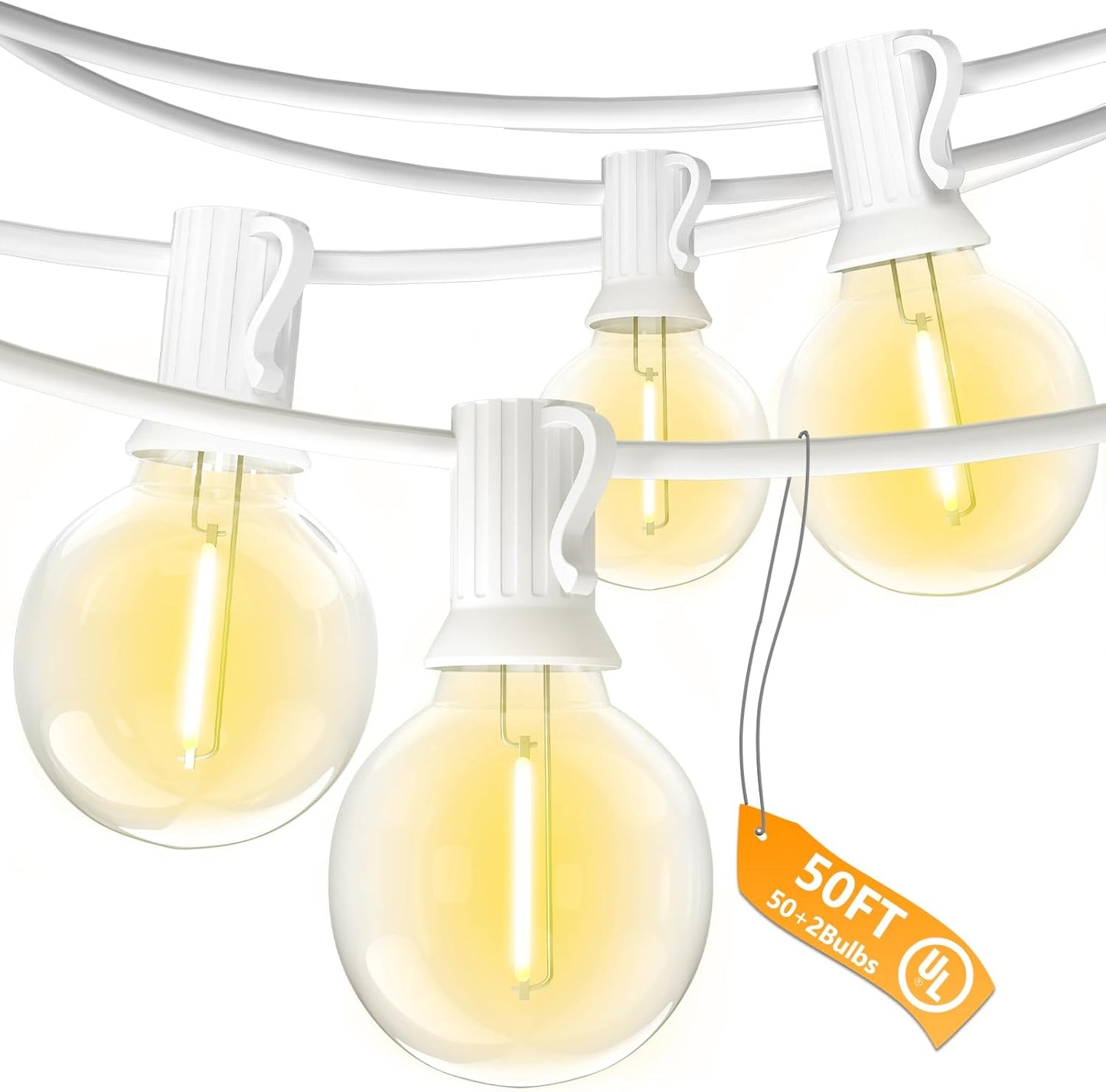 SUNSGNE White String Lights Outdoor, 50FT White Outdoor Lights with 52 G40 Shatterproof LED Bulbs(2 Spare) for Patio Garden Porch Pergola Bistro Outside Decorations, E12 Socket