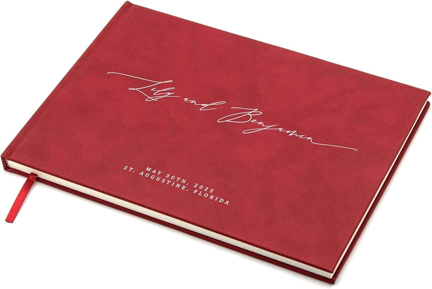 MUUJEE Personalized Guestbook in Red - Premium Custom Modern Guest Book for Wedding Reception, Birthday Party or Events w/Bookmark Blank Pages for Signing 11.5 x 8.5 inches