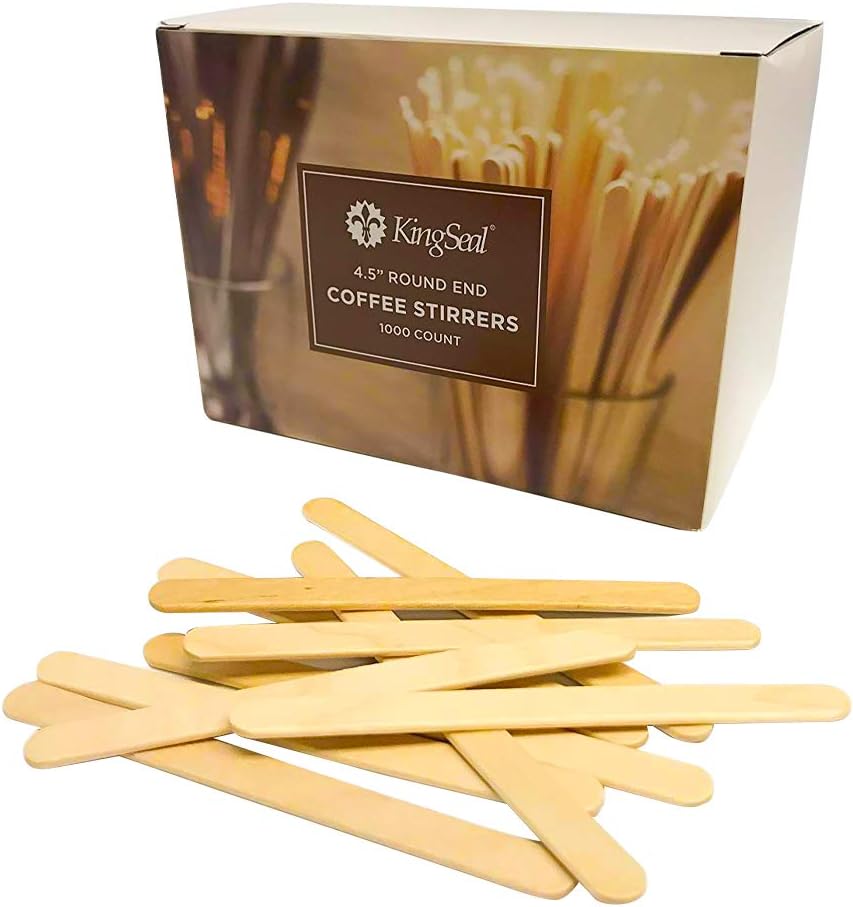 1000 Count | KingSeal Natural Birch Wood Coffee Beverage Stirrers, Stir Sticks, Waxing Sticks, Popsicle Sticks, 4.5 Inches, Round End - 1 Box of 1000 Stirrers