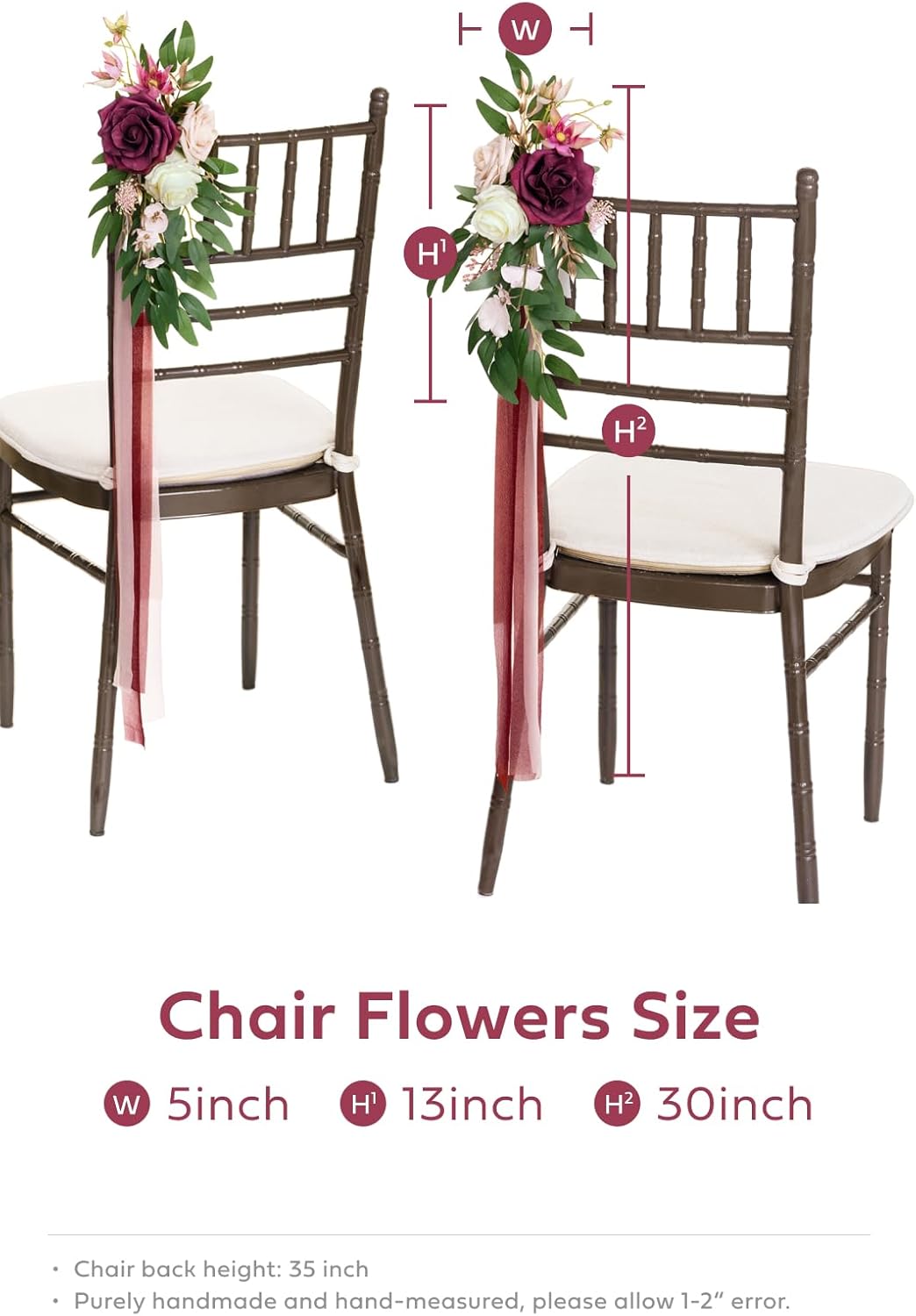 Ling's Moment 8pcs Aisle Pew Artificial Flowers Arrangements for Wedding Ceremony Chair Back Floral Decorations with Chiffon Ribbon Marsala Blush Pink Reception Church Rose Faux Hanging Party Outdoor