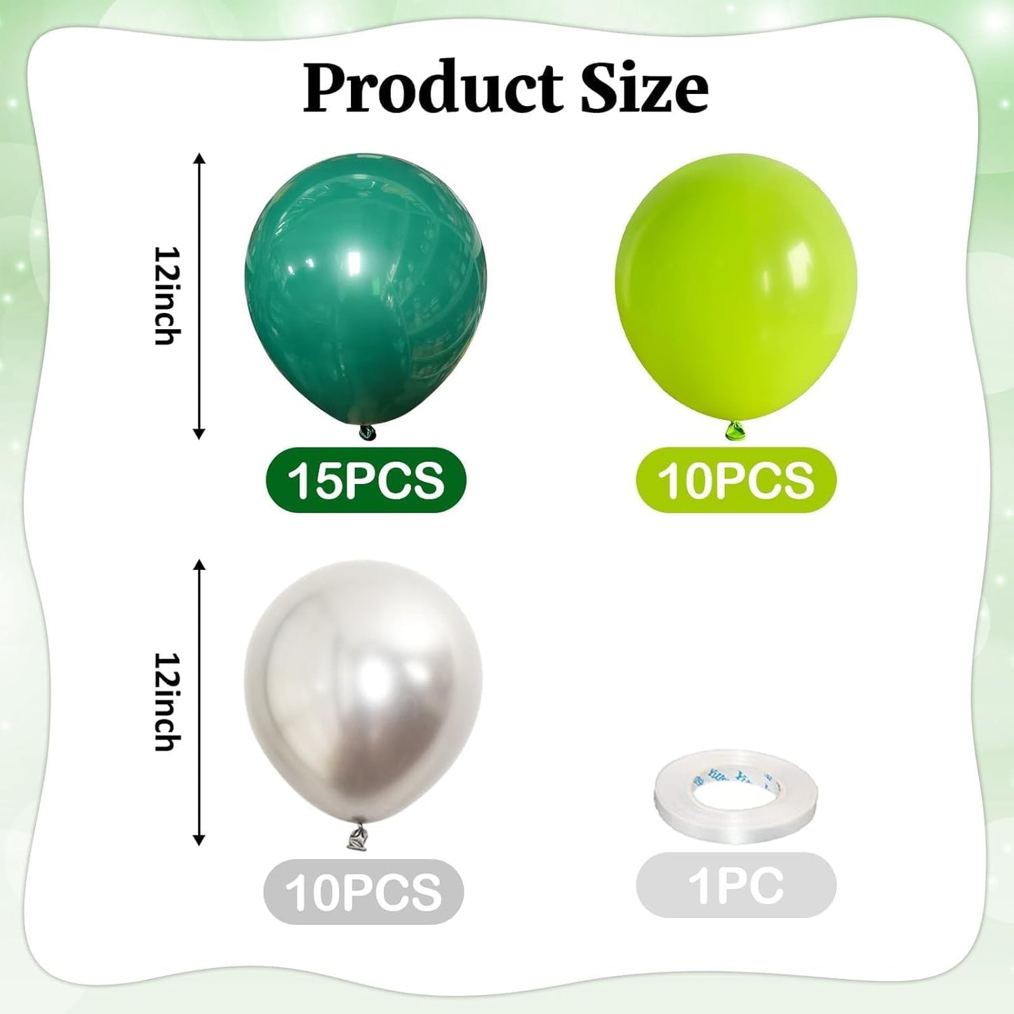 Green Balloons, 12 Inch Dark Emerald Lime Green Metallic Silver Latex Balloons for Boys Men Birthday Video Game Forest Jungle Dinosaur Themed Party St. Patrick's Day Graduation Decoration Supplies