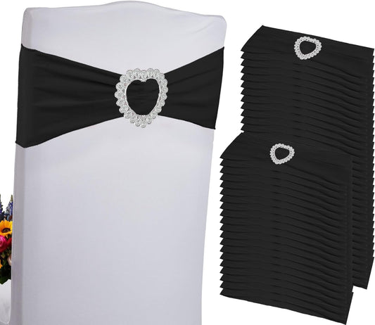 100PCS Spandex Stretch Black Chair Sashes Bows Universal Elastic Chair Cover Bands Ties with Buckle Slider for Wedding Party Birthday Reception Event Banquet Decoration(Black)