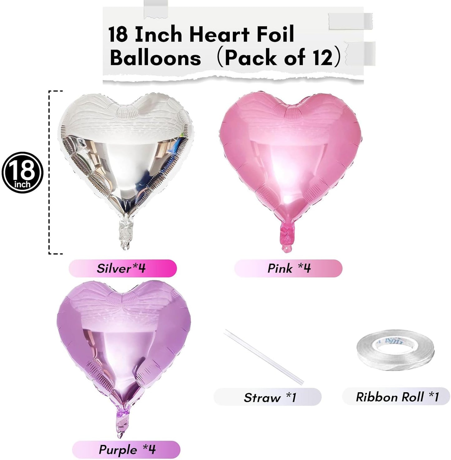 Pink Purple Foil Heart Balloons, 18 Inch 12Pcs Lavender Purple Pink and Silver Heart Shape Foil Balloons, Light Violet Purple Helium Balloon for Girls Women Birthday Wedding Valentines Butterfly Party