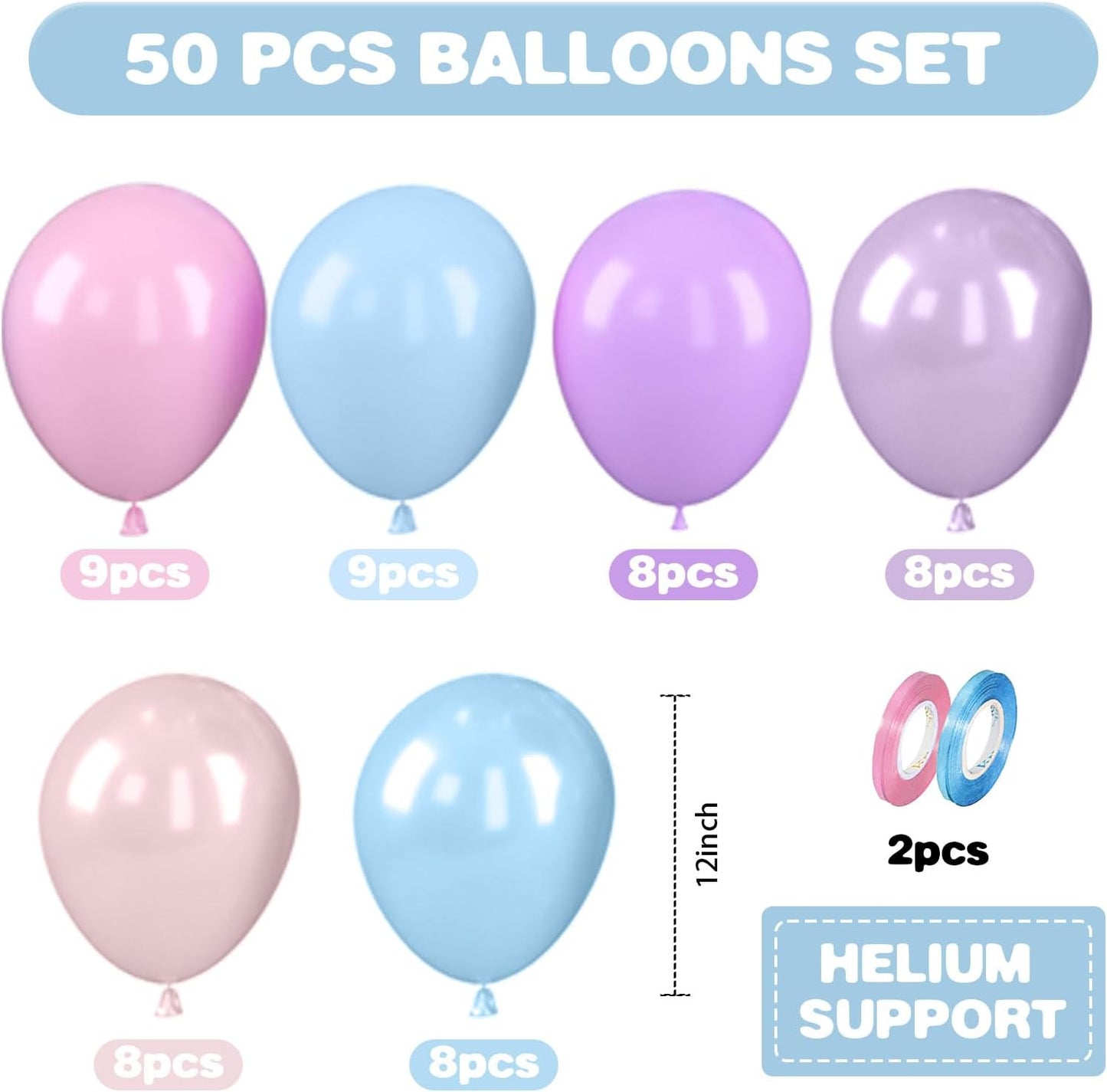 Blue Pink Purple Balloons, 12 Inch Pastel Balloons, Pearl Pink Purple Blue Pastel Latex Balloon for Boys Girls Baby Shower Gender Reveal Mermaid Birthday Wedding Princess Party Decorations
