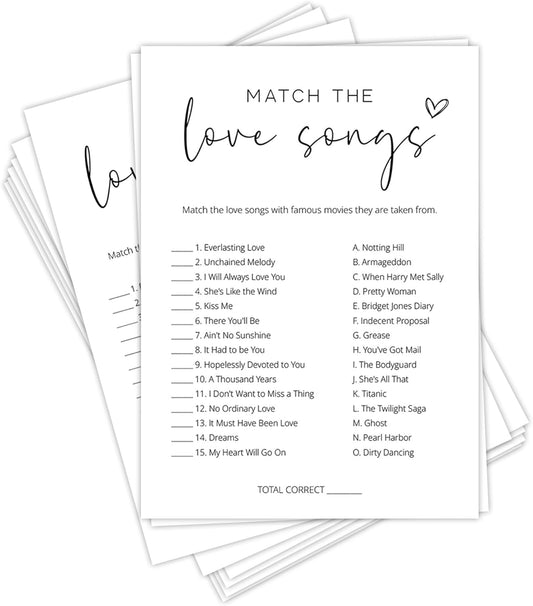 Bridal Shower Games, Match the Love Songs, 25Pcs Minimalist White Double-Sided Bridal Game Cards with 1 Answer Key, Wedding Shower Games for Guests, Engagement Bachelorette Party Supplies - A02