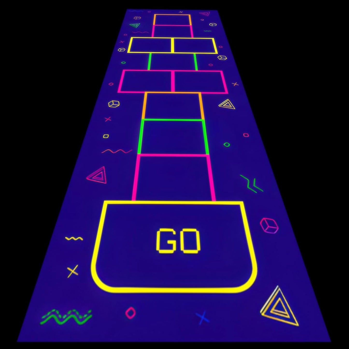 Haull 118 x 39 Inch Neon Light up Dance Floor Glow in The Dark Runner UV Reactive Blacklight Floor Aisle Runner Decor Wall Props for 80s 90s Neon Birthday Party Decorations(Hopscotch)