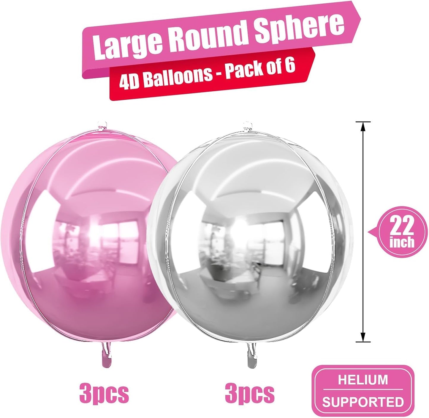 6Pcs Pink Silver Round Foil Balloons, 22inch 4D Metallic Silver Pink Balloons, Large Round Foil Ball Balloon for Girls Women Birthday Anniversary Baby Shower Wedding Party Backdrop Decorations