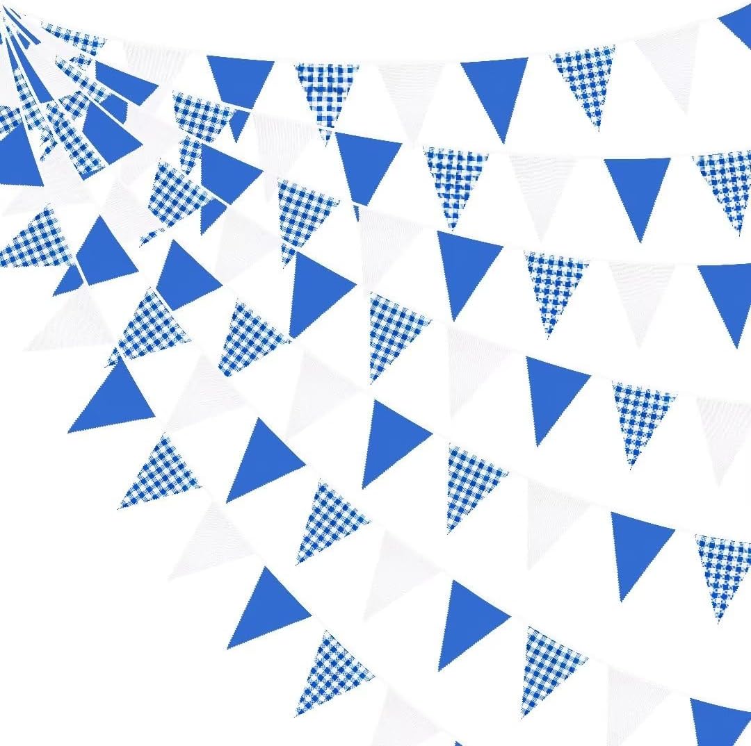 32Ft Deep Blue Party Decorations Blue Buffalo Plaid Checkered White Triangle Flag Gingham Pennant Bunting Fabric Garland for Picnic Racing Car BBQ Birthday Wedding Outdoor Garden Oktoberfest Decor