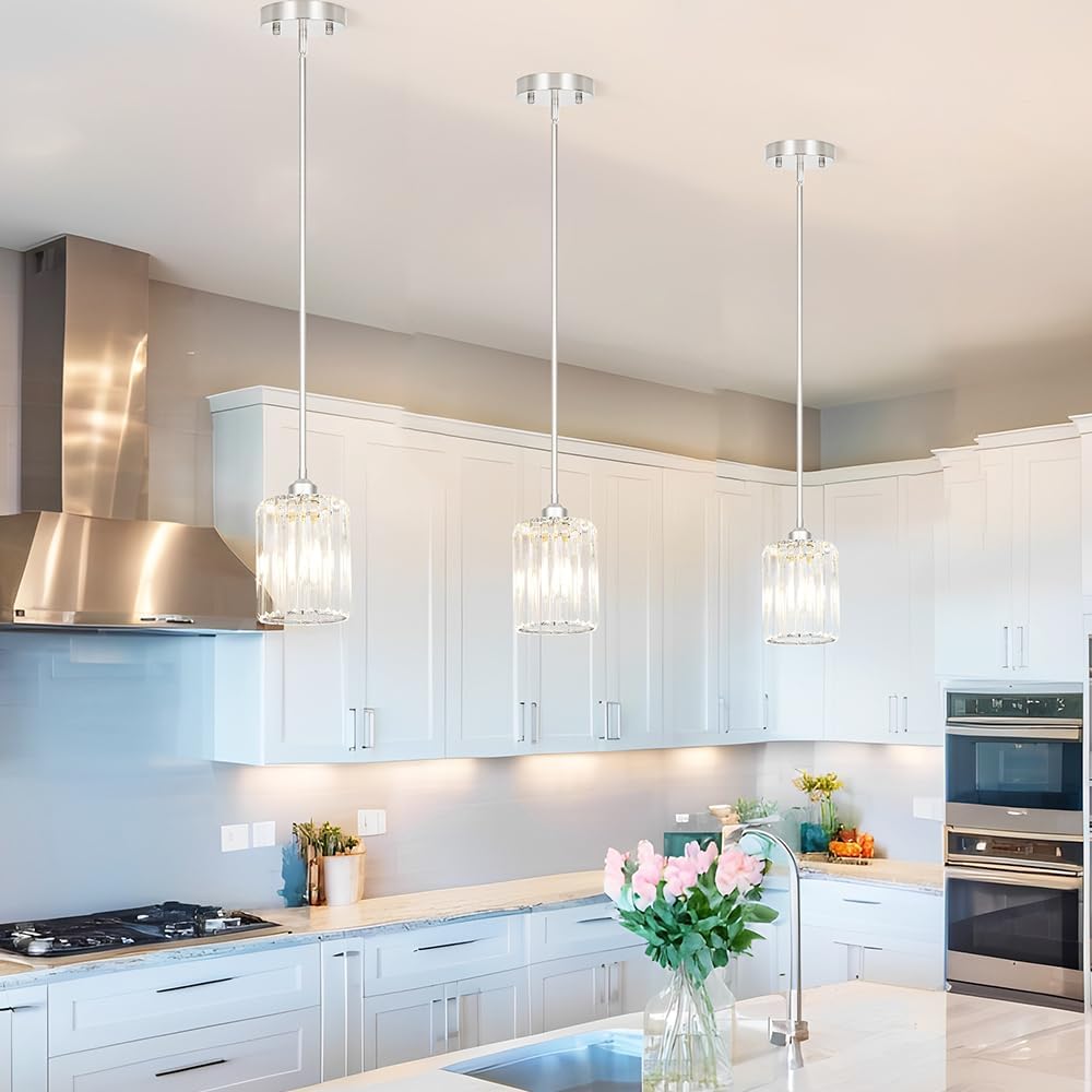 Chrome Kitchen Pendant Lights Over Island with Adjustable Rods - Crystal Pendant Lighting Fixtures 3 Pack, Ideal Over Dining Table or Bar, E26 Bulb Compatible, No Electrician Needed