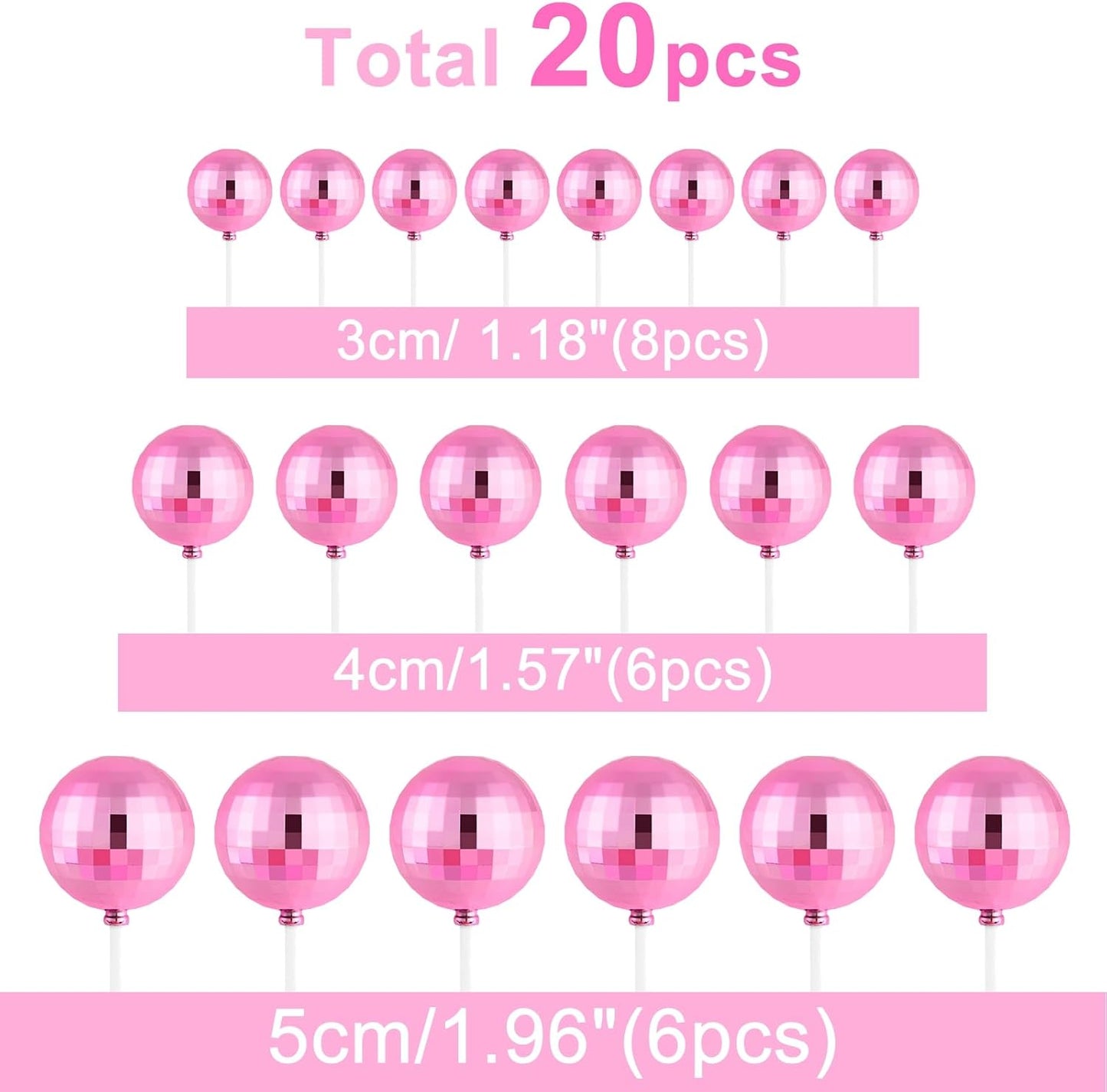 ASTARON 20 Pcs Disco Ball Cake Topper Decorations Sticks Pink Cake Balls Picks Toppers for Birthday Anniversary Disco Retired Theme Party Decorations