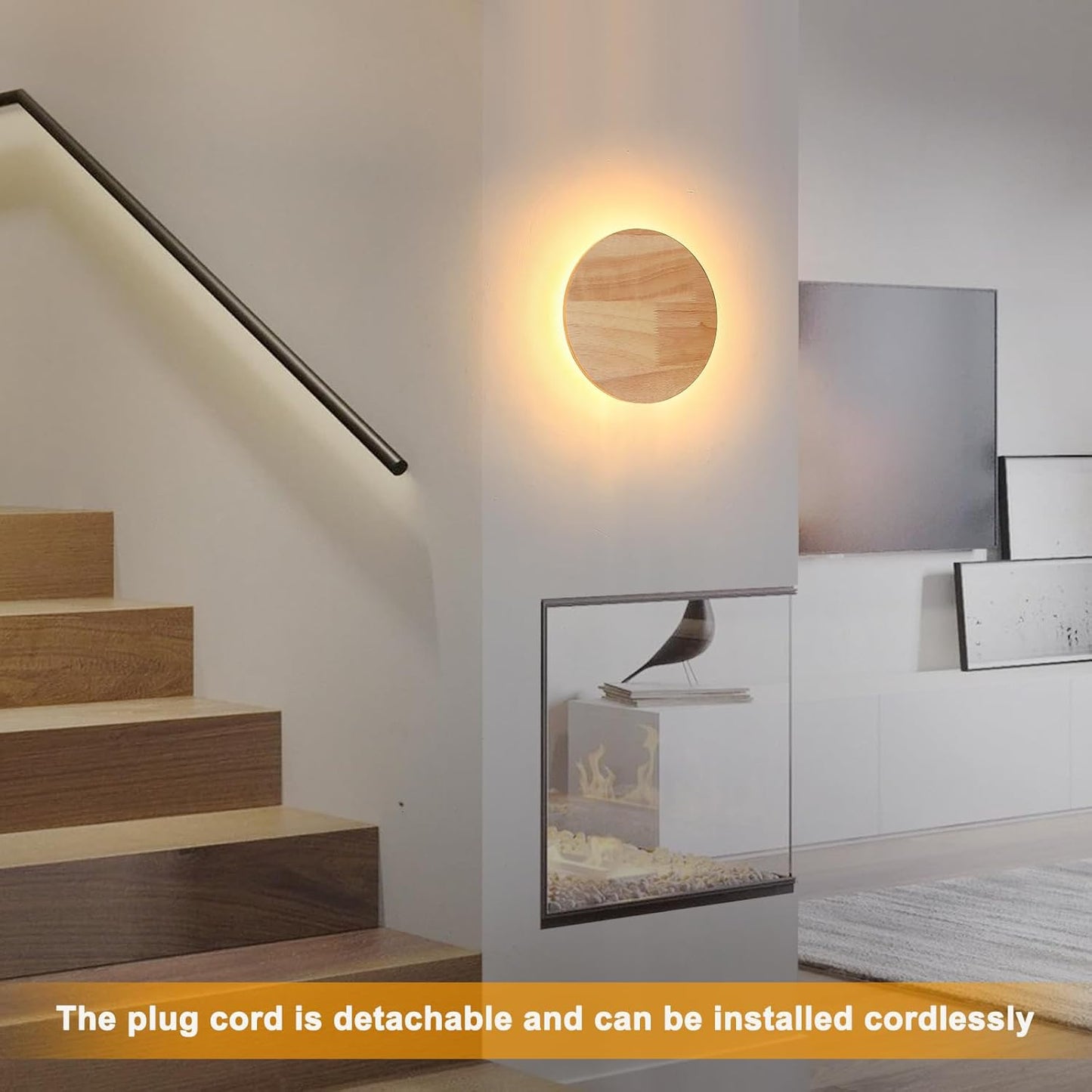 Modern Minimalist Plug in Wall Sconces, Plug-in Or Cordless 11.8'' Round Wood Backlight LED Wall Lamp, 25W, 2500LM Warm White Brightness Wall Light Fixtures for Bedroom, Living Room Wall Décor