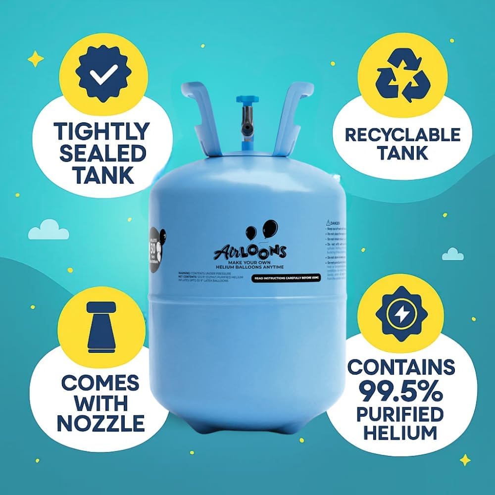 Airloons 9.5in Standard Helium Balloon Kit - Disposable Portable Helium Tank for Balloons at Home - Includes Helium Tank, 30 Latex Balloons, Curling Ribbon