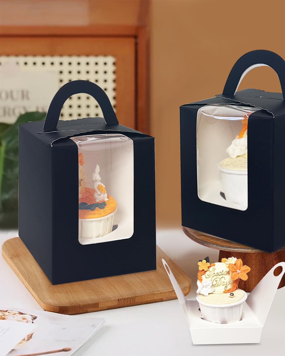 Bakepacker Auto-pop up Individual Cupcake Boxes with Window 60 Count Black Single Cupcakes Box 3.6 x 3.6 x 4.3inch Cupcake Carrier