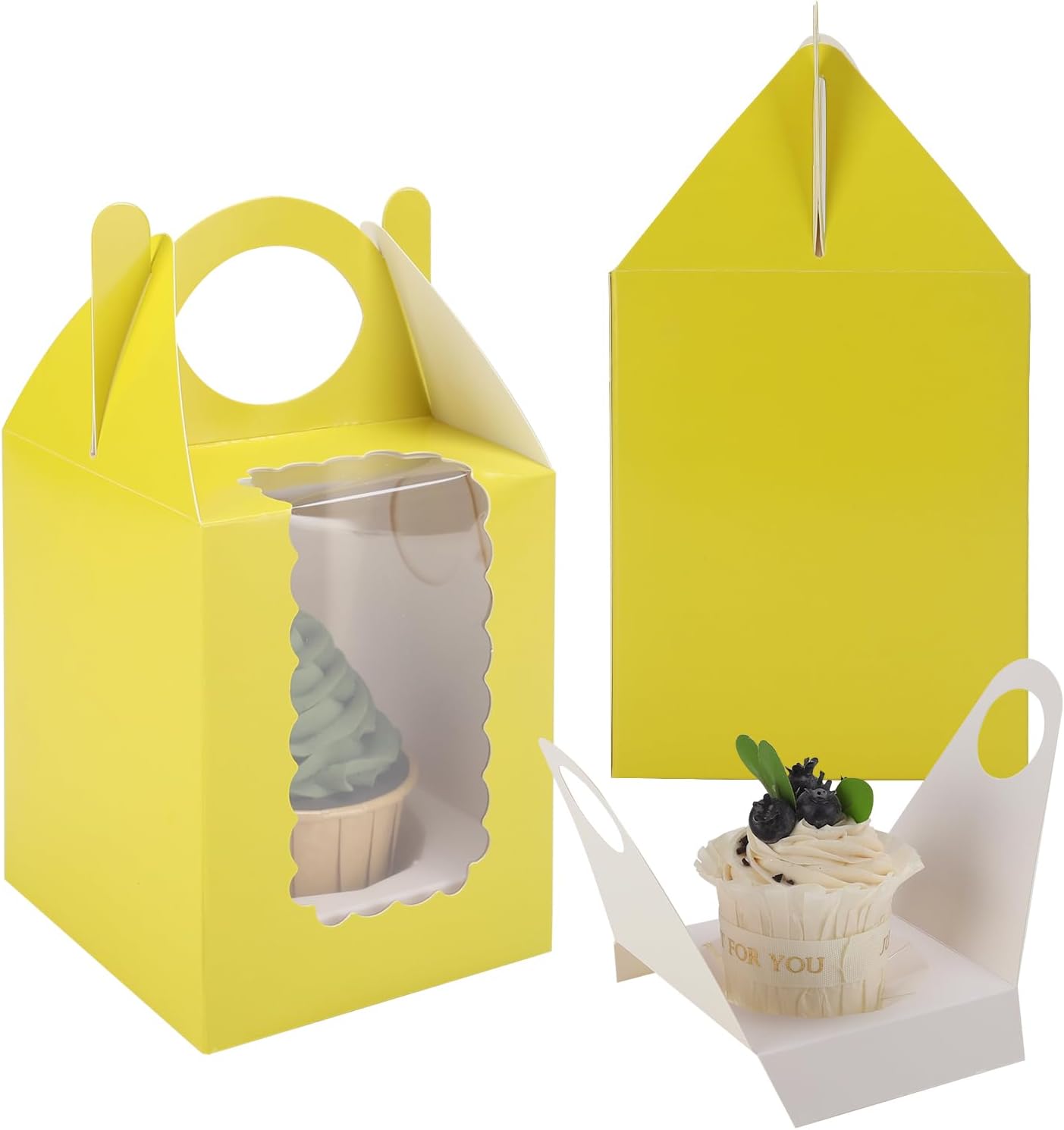 Individual Cupcake Boxes 4x4x5 Inches Disposable Pastry Tray Boxes, With Window Insert and Handle, Perfect for Parties, Birthdays, Bakery Wrapping and Events Containers (Yellow-50Pack)