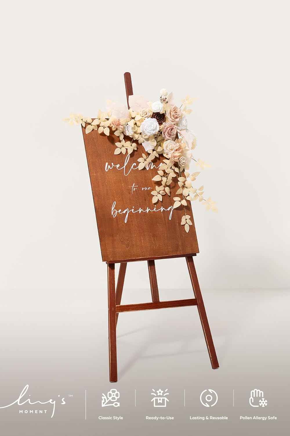 Ling's moment 2pcs Wedding Flowers Garland Artificial Floral Swag Arch Decorations Greenery Arrangements White & Beige Ceremony Reception Garden Easel Wall Entryway Outdoor Board(NOT Include Sign)