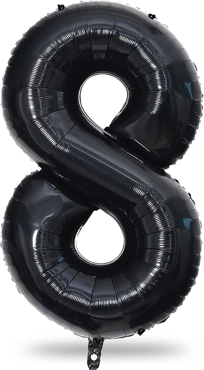 Black Number 8 Balloons, 40 Inch 8th Birthday Foil Balloon for Boys Girls, Giant Self Inflating Helium Mylar Foil Number Balloons 0-9 for Women Men 18th 80th Anniversary Party Decorations Supplies