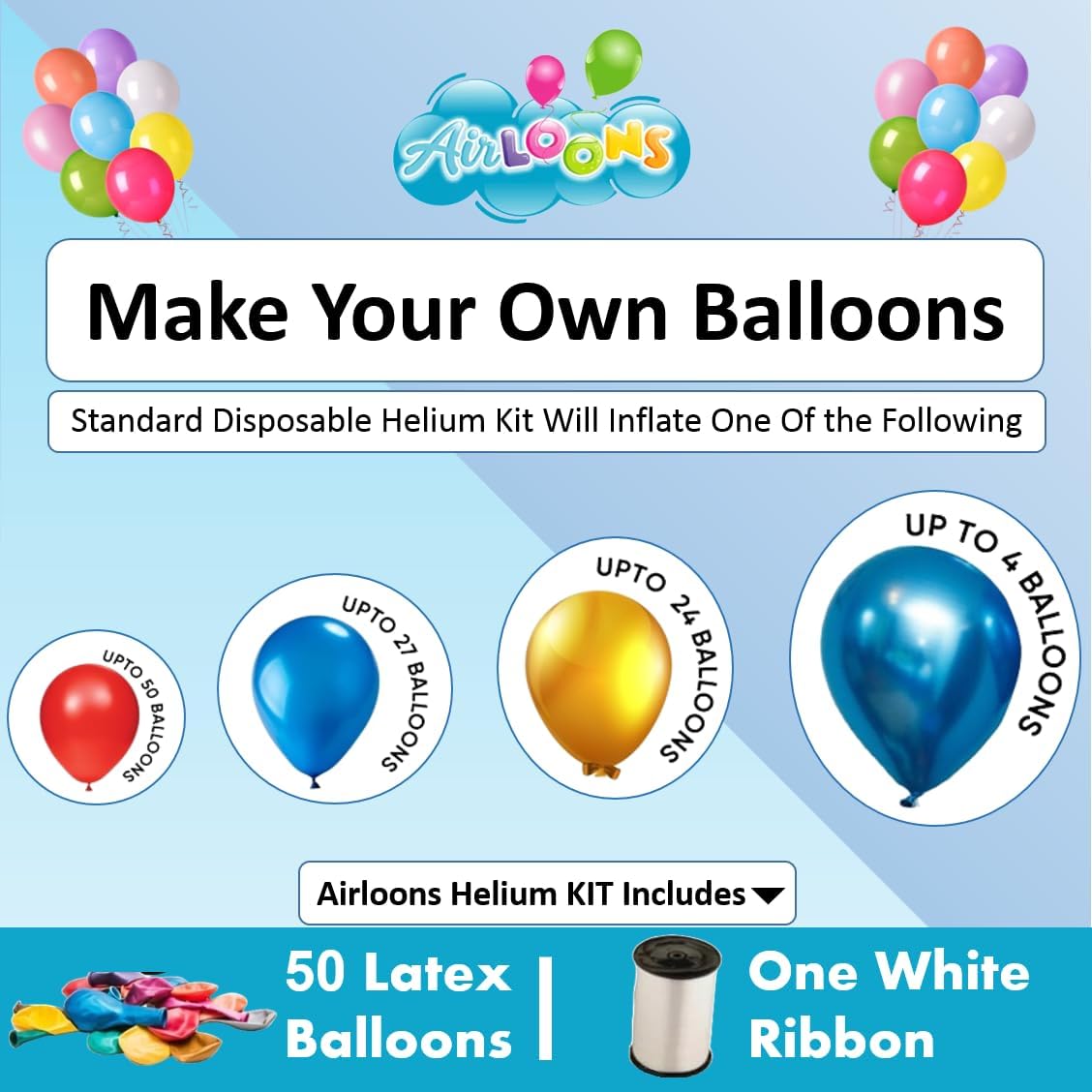 Airloons Helium Balloon Kit with 14.9 Cu Ft Tank – Includes 50 Multicolor 9 inch Latex Balloons, Ribbon & Easy to Fill Nozzle – Easy Setup for Birthdays, Weddings, Baby Showers, DIY Party Décor