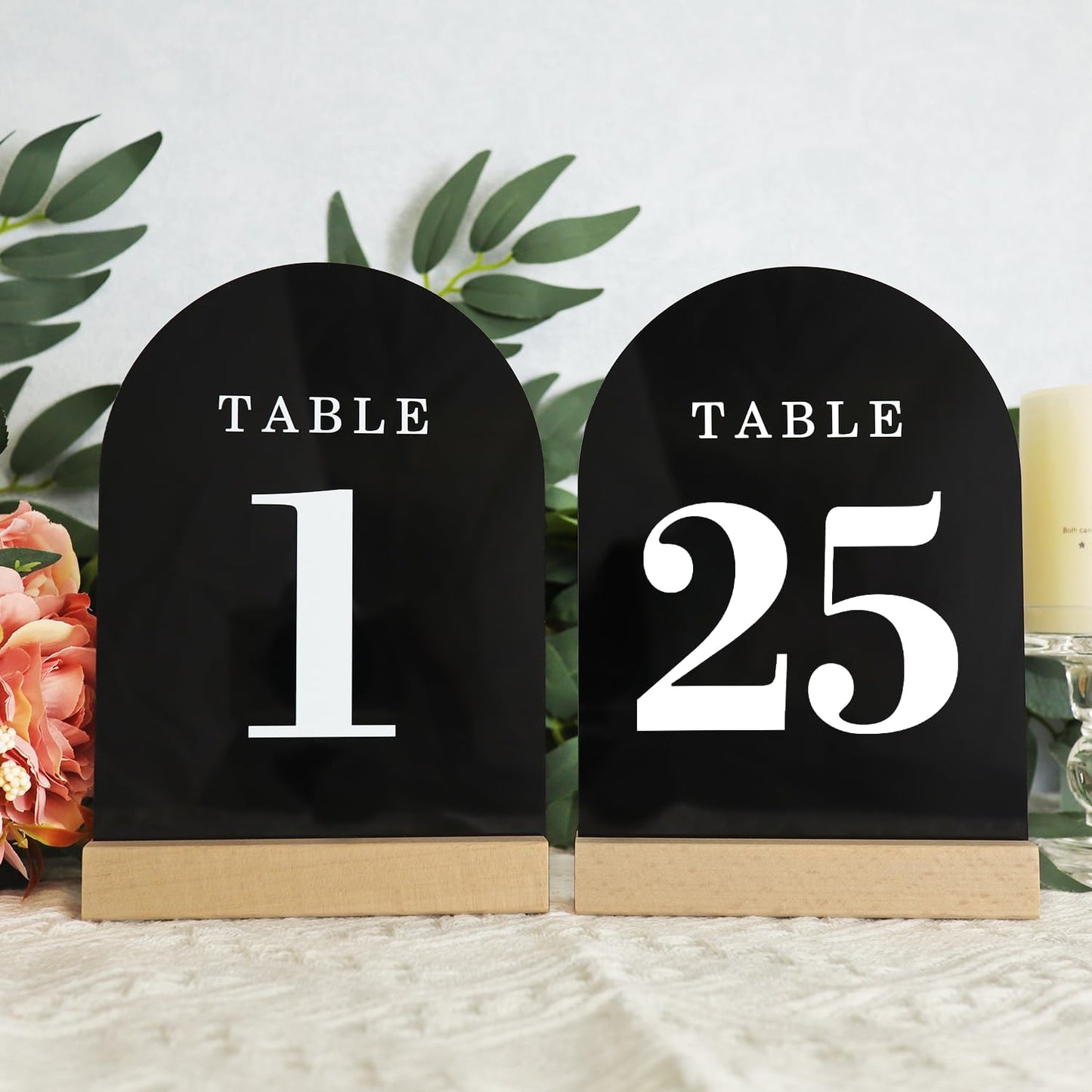 Wedding Table Numbers 1-25, Acrylic Arch Signs with Natural Wood Stands Holders, Rustic Table Decor for Reception & Parties (Black White)