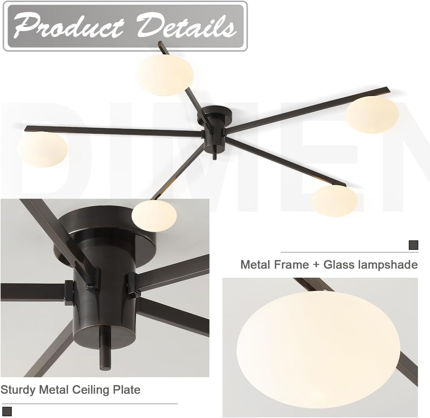 5 Lights Mid Century Modern Black Sputnik Semi Flush Mount Ceiling Light Vintage Glass Close to Ceiling Light Fixtures Industrial Metal Ceiling Chandelier Glass Globe Hall Light MCL05-BK