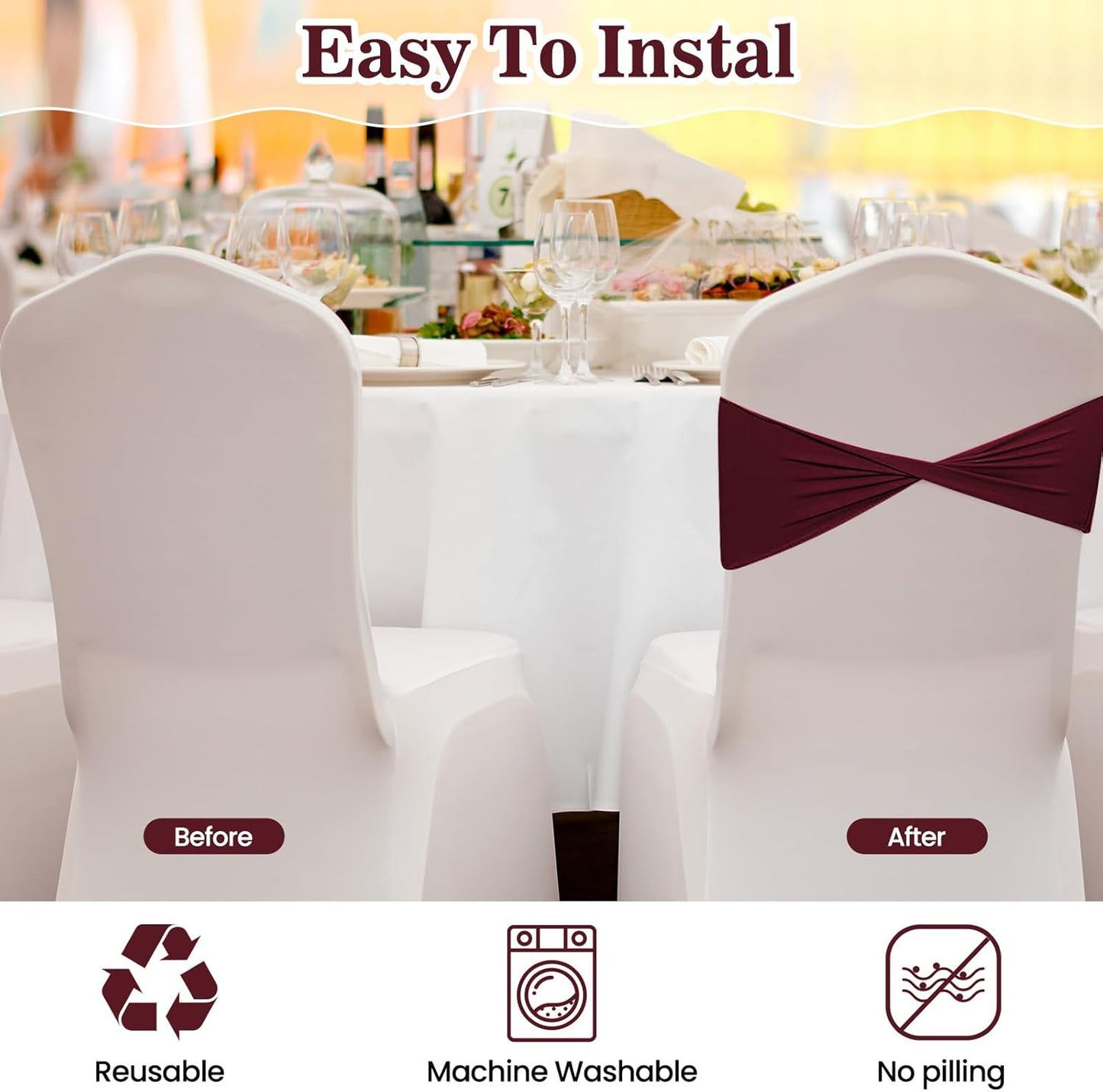 Kinlop 50 Pcs Spandex Chair Sashes Bows Chair Bands Slider Sashes for Covers Elastic Bands Ties Without Buckle Decorations for Wedding Party Events Ceremony Birthday(Burgundy)