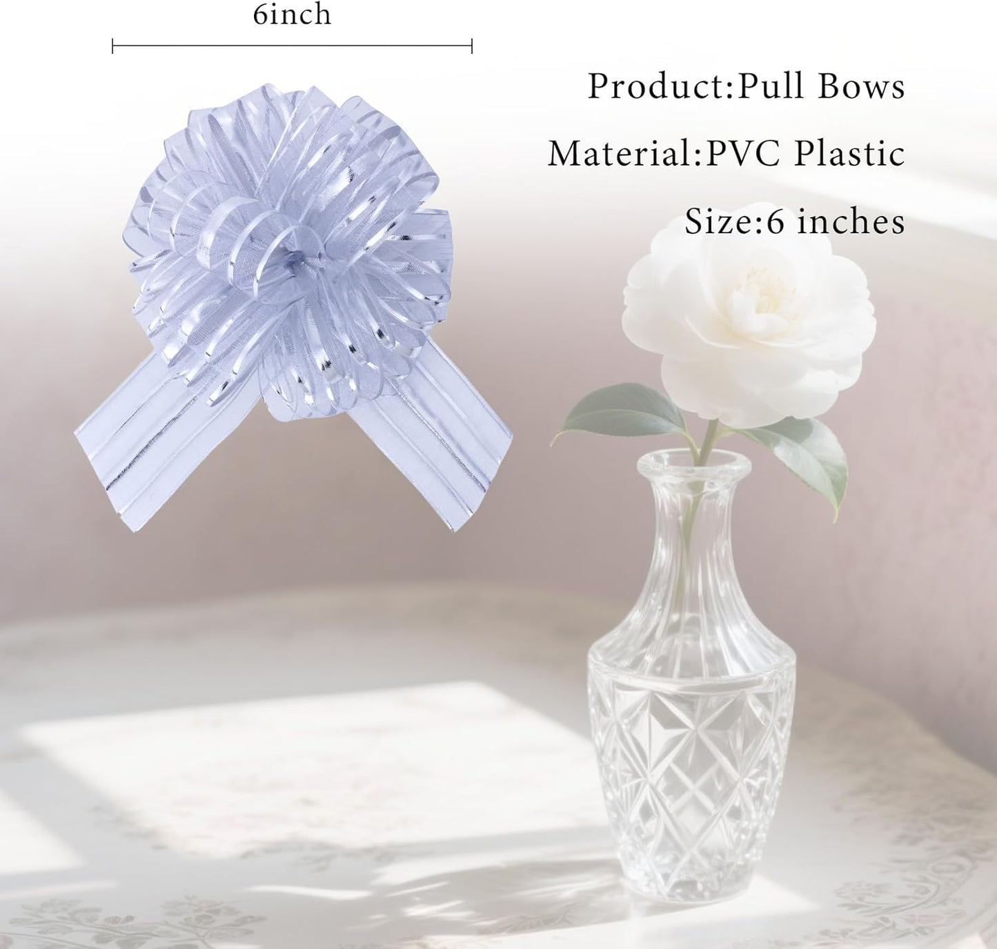 12 Pcs 6 Inch Large Organza Pull Bow Ribbon – Elegant Gift Bows for Wedding Decorations, Christmas Wrapping, Birthday Parties, Car Decor, Gift Baskets, and Valentine's Day Packaging(Silver)