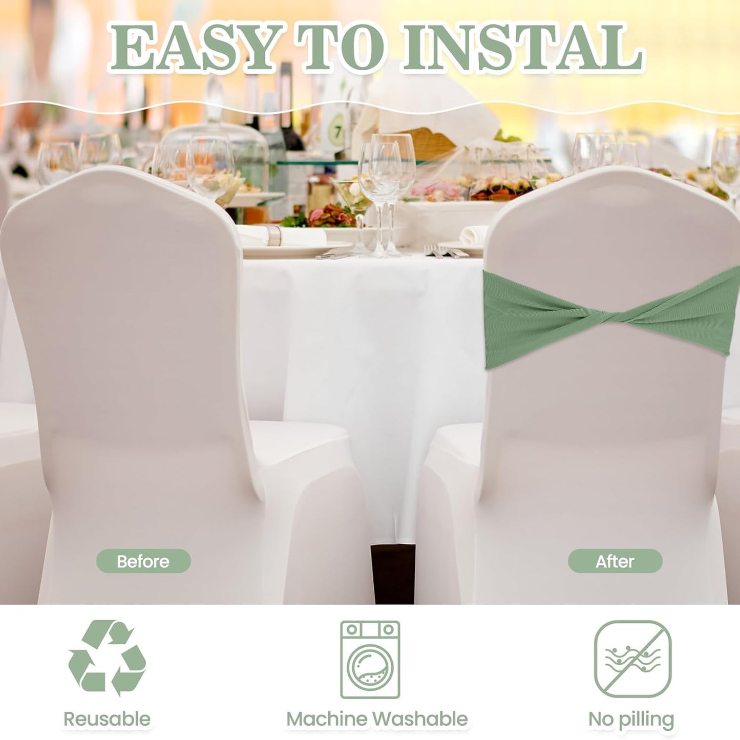 Kinlop 50 Pcs Spandex Chair Sashes Bows Chair Bands Slider Sashes for Covers Elastic Bands Ties Without Buckle Decorations for Wedding Party Events Ceremony Birthday(Sage Green)