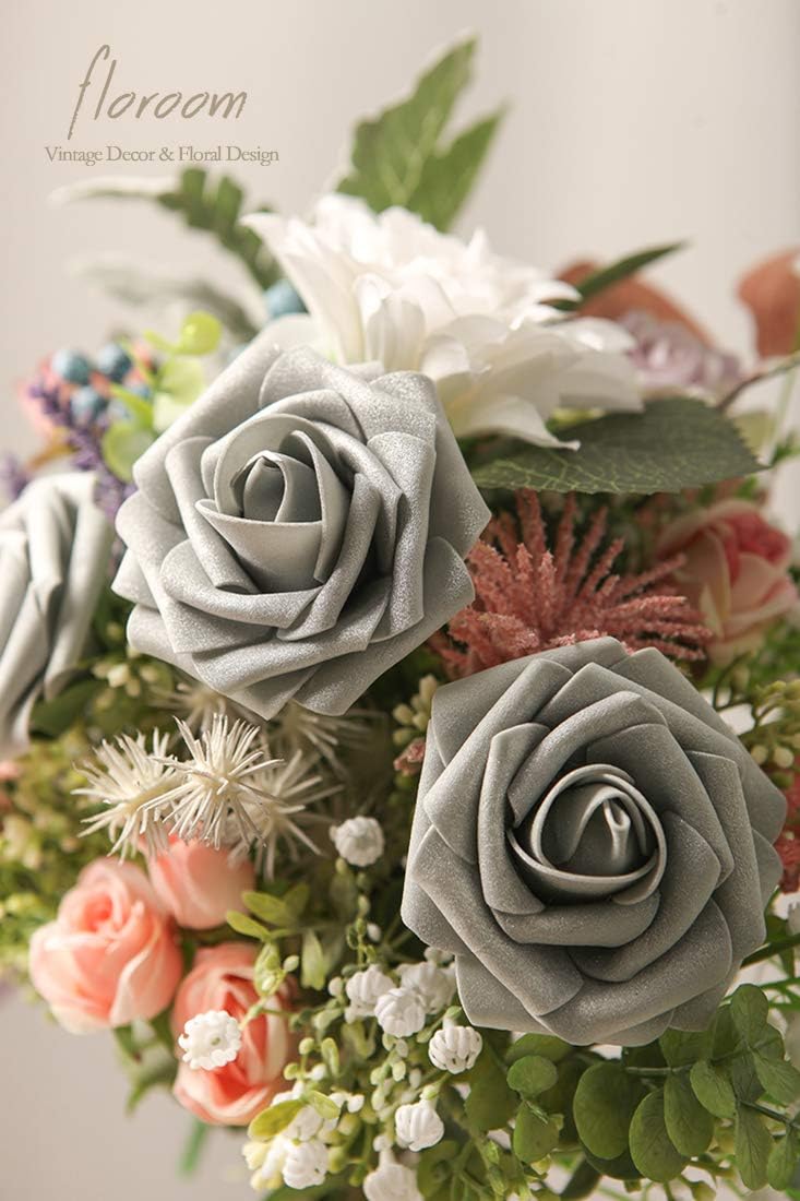 Floroom Artificial Flowers 50pcs Real Looking Shimmer Silver Grey Foam Fake Roses with Stems for DIY Christmas Tree Xmas Wedding Bouquets Party Tables Centerpieces Floral Arrangements Home Decor