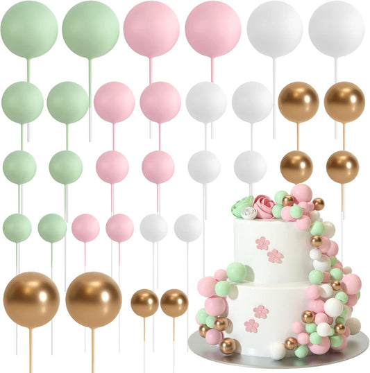 ASTARON Ball Cake Topper, 32 Pcs Foam & Wire Decorations, Mini Balloons Cake Topper Sticks, 4 Colors & Sizes for Wedding Party Birthday Cake Decorating
