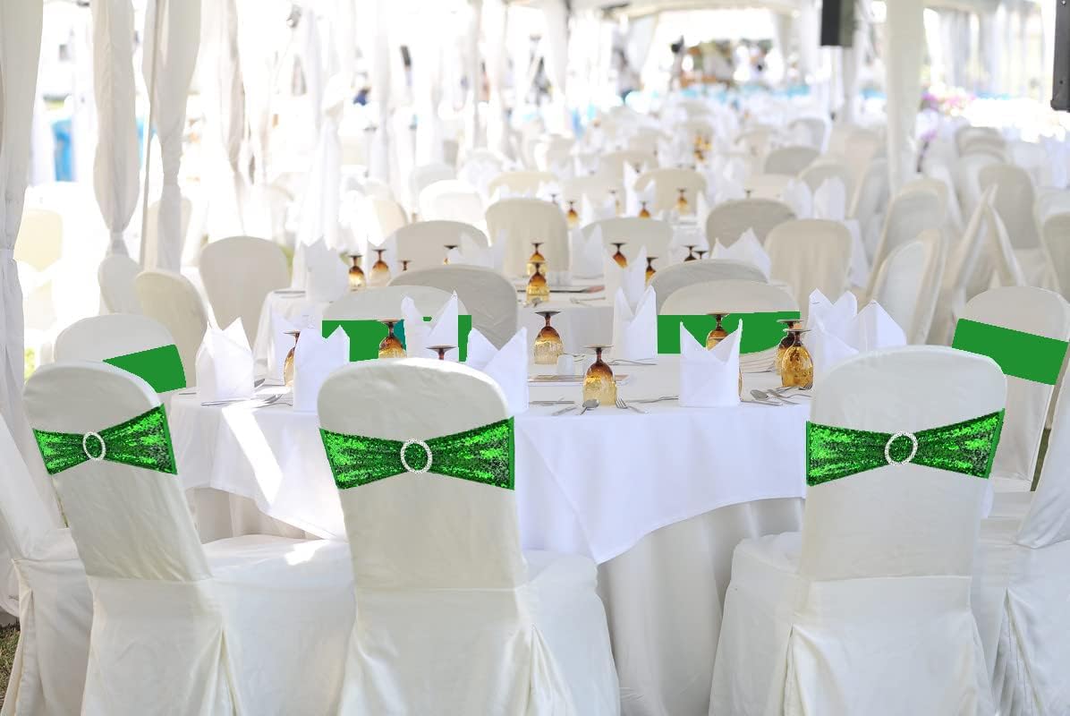 10 Pcs Chair Sashes Sequin Stretch Chair Bands Spandex Polyester Bows for Party Hotel Wedding Banquets Decoration - Green