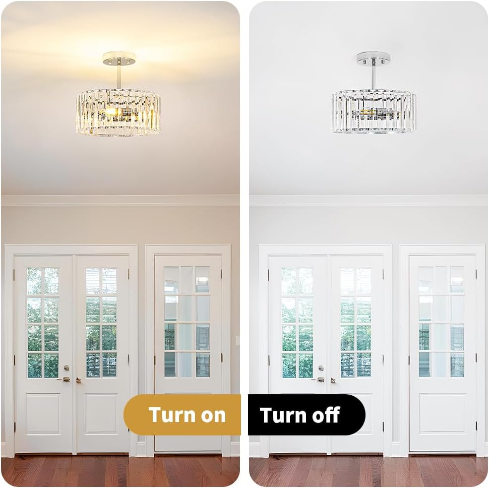 Modern Crystal Ceiling Light, Chrome Semi Flush Mount Ceiling Lighting Fixture, Hallway Light Fixtures Chandelier for Kitchen, Bedroom Dining Room Hallway Closet, 3-Light, 12 Inch