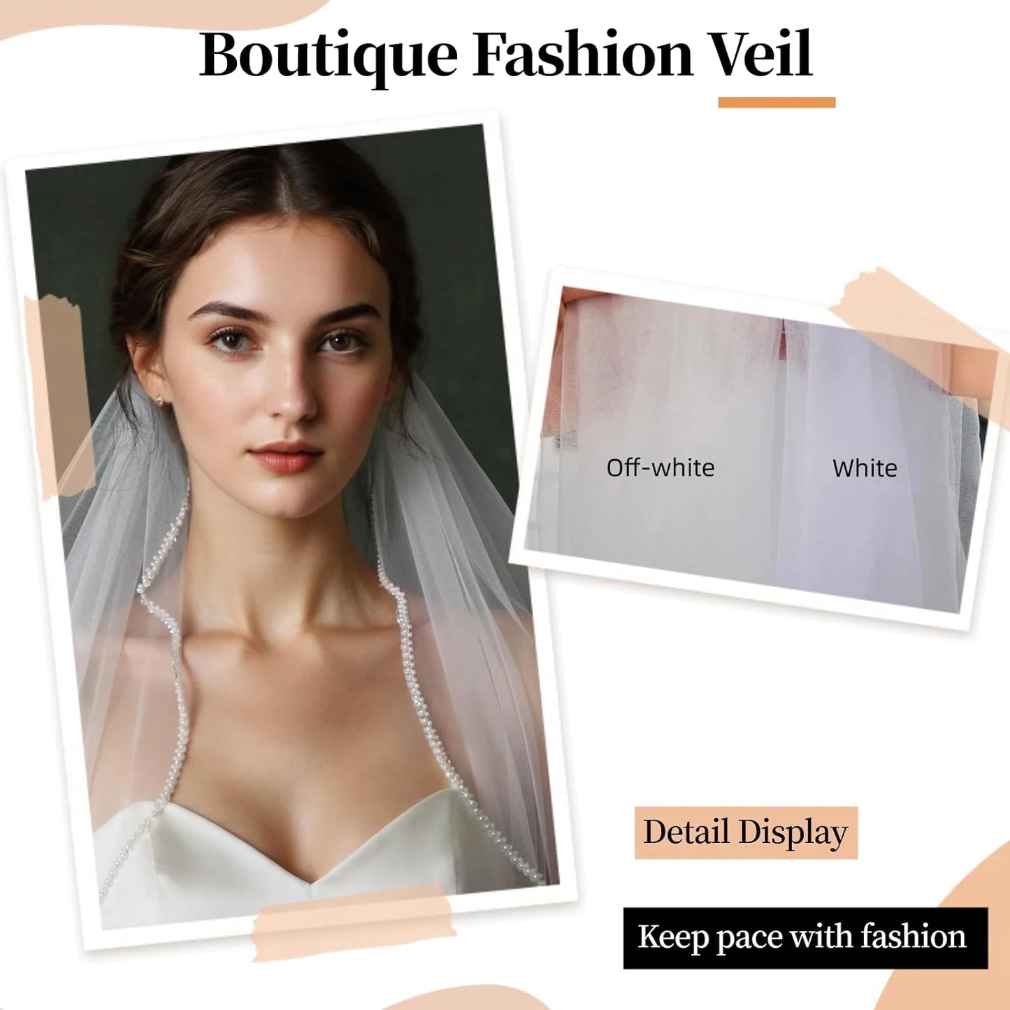 Bridal Veils Pearls and Crystals Beaded Edge Fingertip Length Wedding Veil for Women