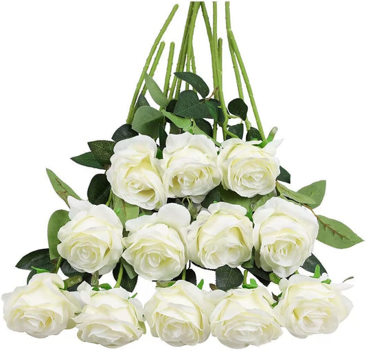 Tifuly White Roses Artificial Flowers -12 pcs Realistic Single Long Stem Fake Silk Roses Bouquet for Party Home Wedding Centerpiece Office DIY Decor（Off White）