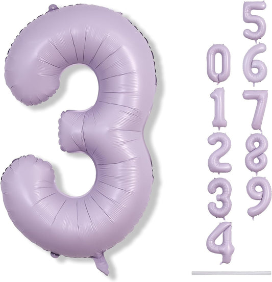 Large Dusty Pastel Purple 3 Balloons, 40 Inch Giant Light Purple Helium Mylar Foil Globos Numero for Girls, Self Inflating 3rd Birthday Balloon for Women Three Anniversary Party Decorations Supplies