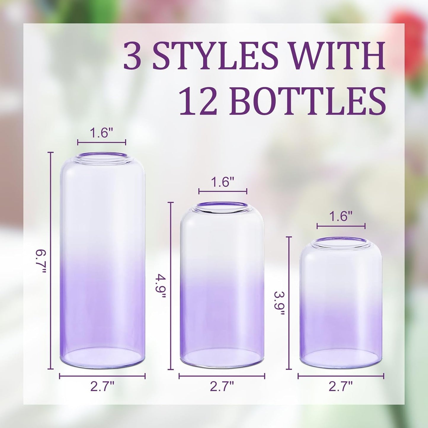 12Pcs Purple Vase Glass Bud Vases Set, Small Vases for Flowers, Modern Cylinder Flower Vases for Wedding Centerpiece, Living Room Decorative, Home Decor (Purple)