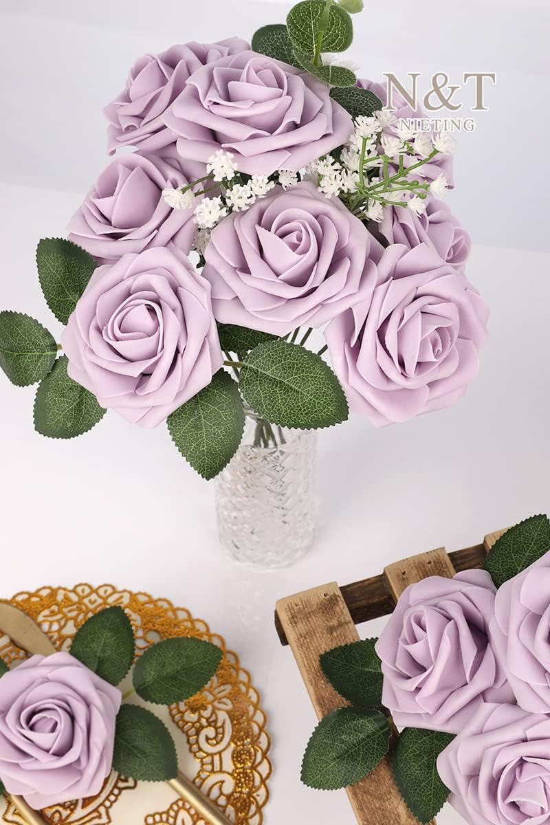 N&T NIETING Artificial Wedding Flowers 25 pcs Lilac Roses Fake Roses with Long Stems for Decortion Mother's Day Baby Shower Arrangements Bouquets