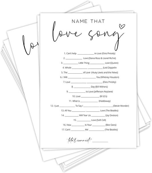 Bridal Shower Games, Name that Love Song, 25Pcs Minimalist White Double-Sided Bridal Game Cards with 1 Answer Key, Wedding Shower Games for Guests, Engagement Bachelorette Party Supplies - A06