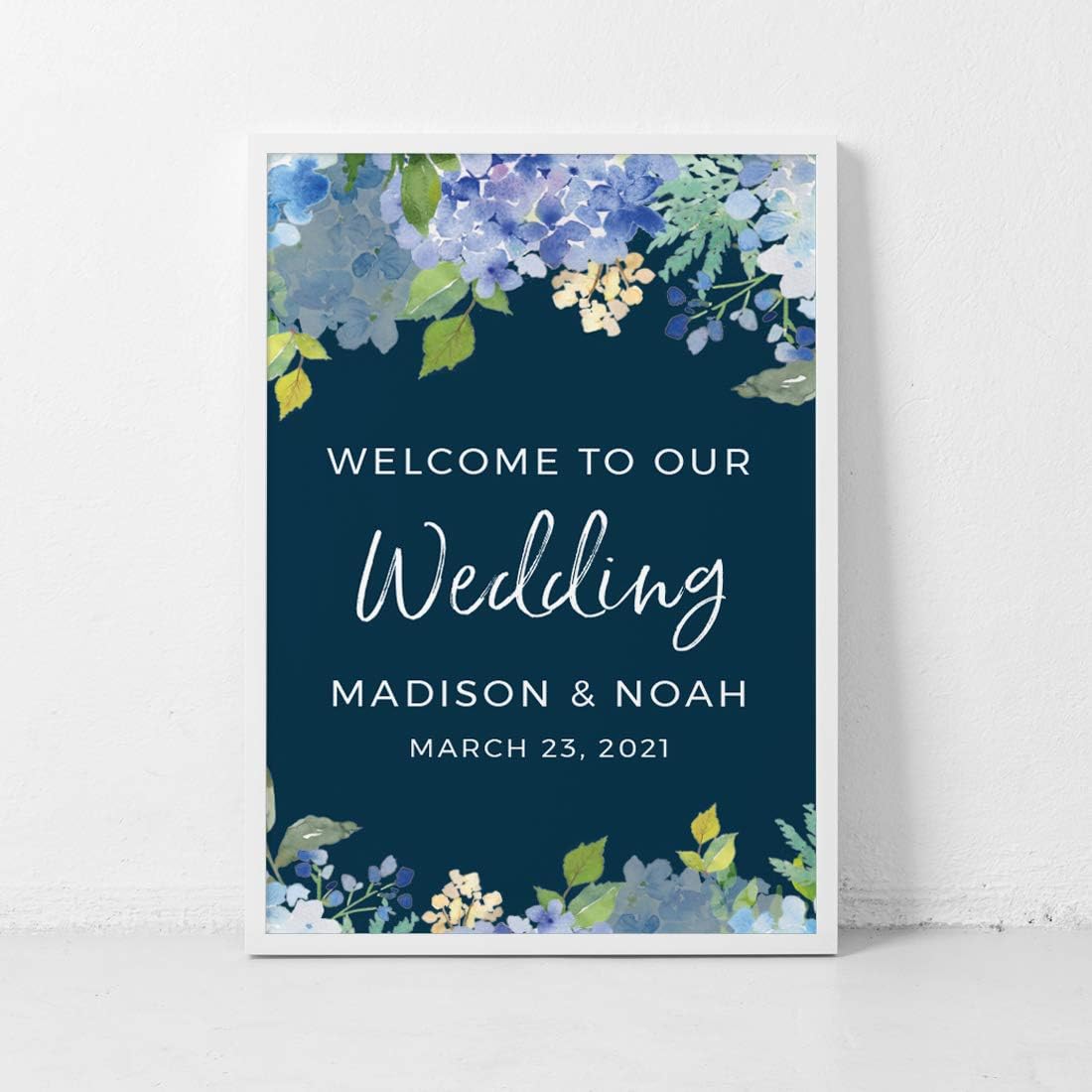 Andaz Press Personalized Extra Large Wedding Easel Board Party Sign, 12x18-inch, Baby Blue Hydrangea Floral Flowers on Navy Blue, Welcome to Our Wedding Bride Groom Name Date, 1-Pack, Custom