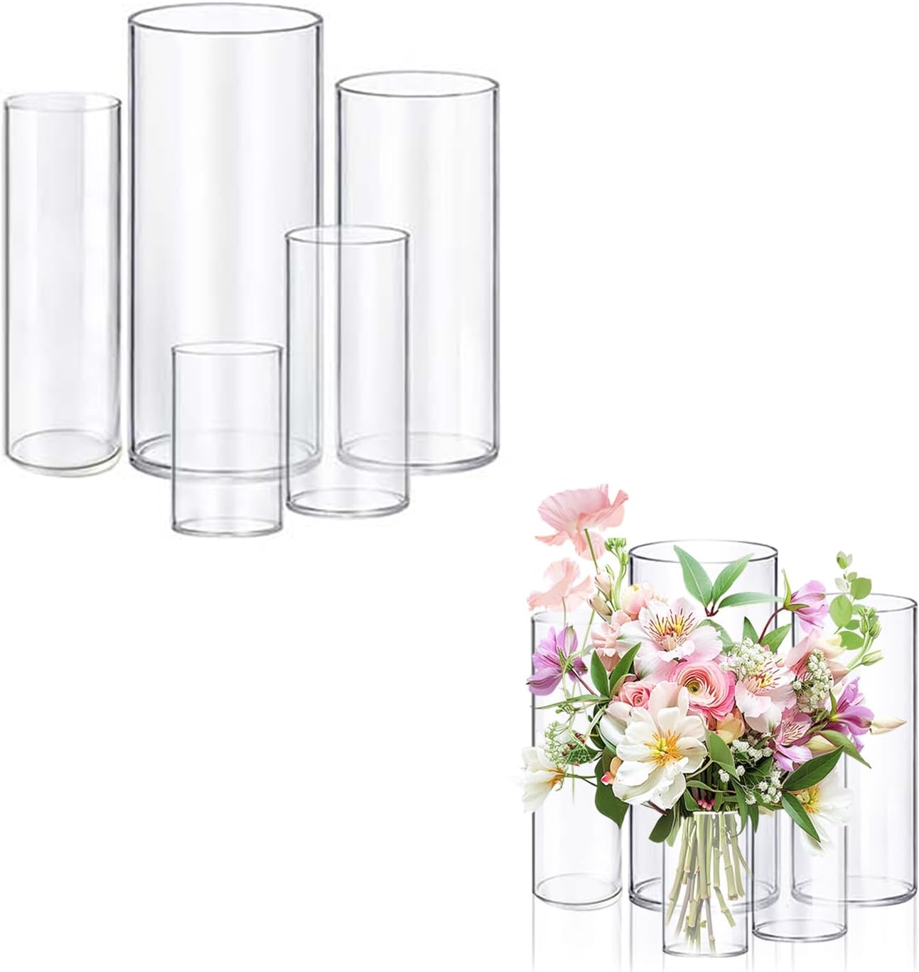 5pcs Glass Vase Cylinder Vases for Centerpieces Small Flower Glass Vases Home Decor Centerpiece Table Clear Flower Vase Decorations for Wedding＆Holiday 4,6,7.5,8,10 Inch Tall