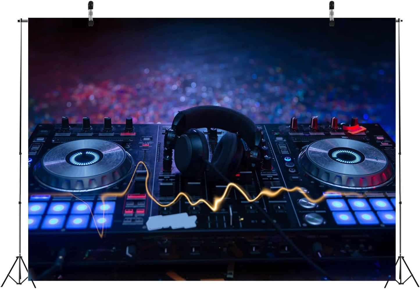 CORFOTO 10x8ft Fabric Dj Mixer with Headphones Backdrop Photography Dj Sound Equipment in Dark Background Musical Dance Disco Party Decorations Live Concert Stage Photoshoot Booth Studio Props
