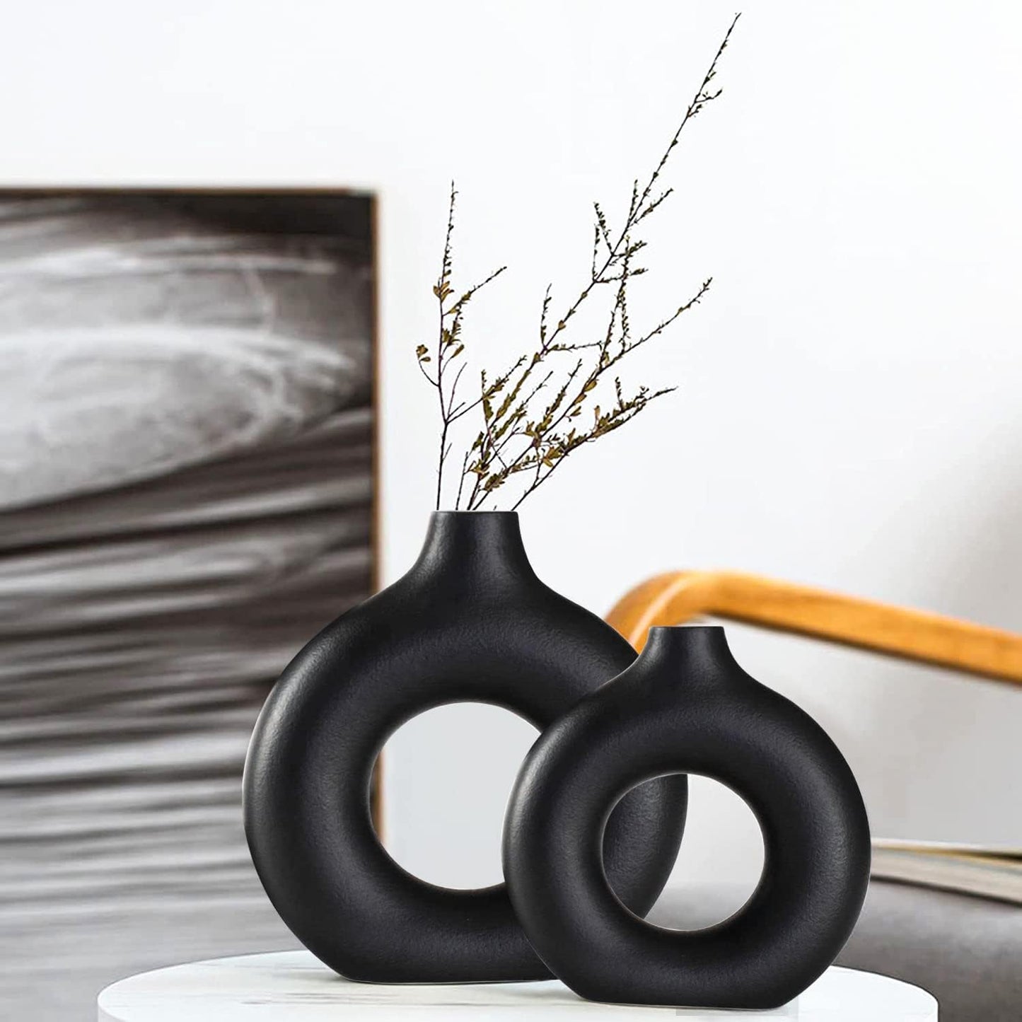 Black Ceramic Vase Set of 2 for Modern Boho Decor,Round Matte Pampas Flower Vases Minimalist Nordic Boho Ins Style for Wedding Dinner Table Party Living Room Office Bedroom, Decorative Gift