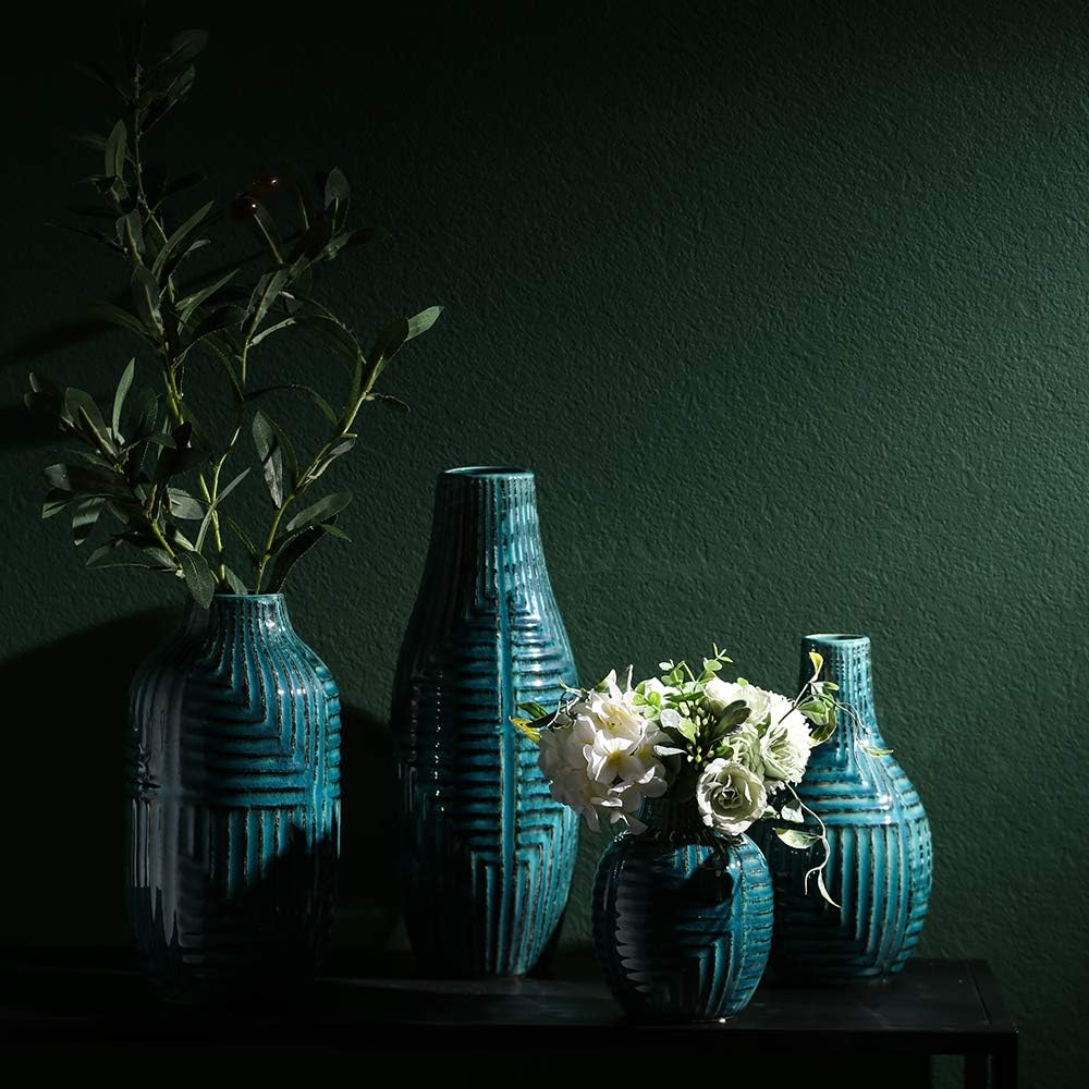 hjn Ceramic Vase - Teal Home Decor Vase, Modern Decor for Centerpieces, Living Room/Bookshelf/Mantel - Teal Texture, Medium, 13.8" H