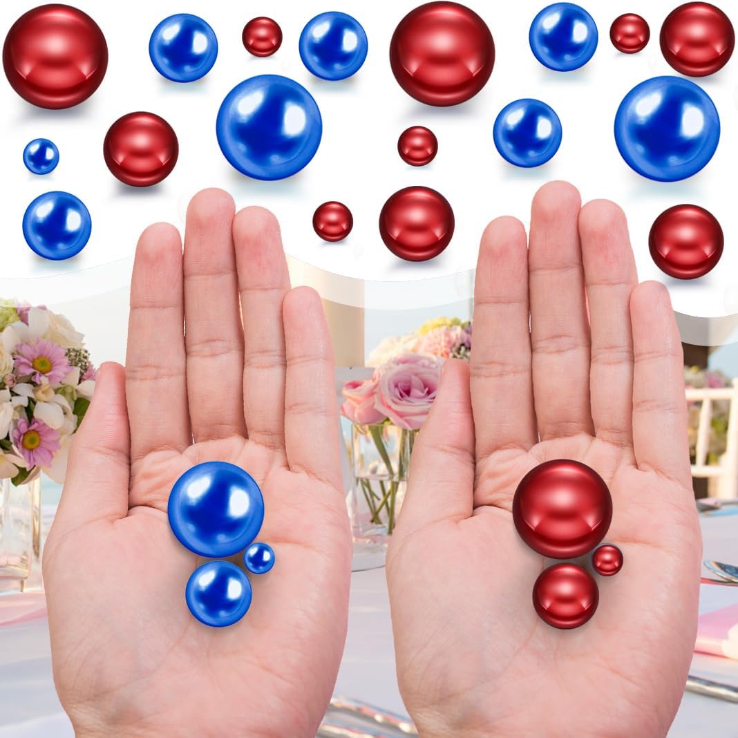 150Pcs Blue&Red Polished No Hole Faux Pearl Beads for Vase Filling Decorations, Plastic Pearls Vase Fillers, Table Scatters, Wedding Centerpiece, 8/14/20 mm, 4th of July Independence Day Home Decor