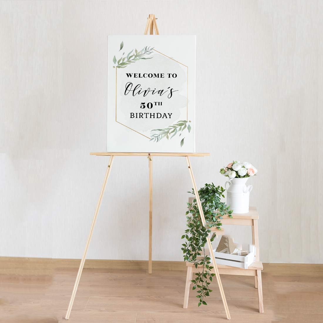 Andaz Press Personalized Extra Large Birthday Easel Board Party Sign, 12x18-inch, Modern Black, Gold with Green Leaves Florals, Welcome to Olivia's 50th Birthday, 1-Pack, Custom Name Age