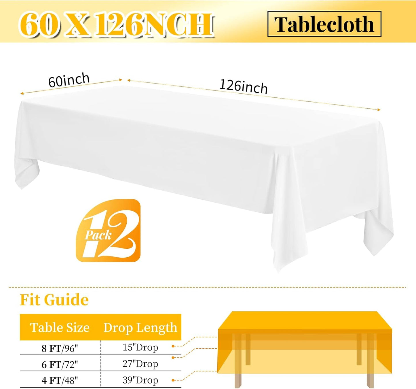 12 Pack 60 x 126 Inch Tablecloth Rectangle, White Rectangle Tablecloth Polyester Tablecloth for 8 Ft Rectangle Tables, Washable Fabric Table Cover for Wedding Party Dining Buffet Parties or Camping