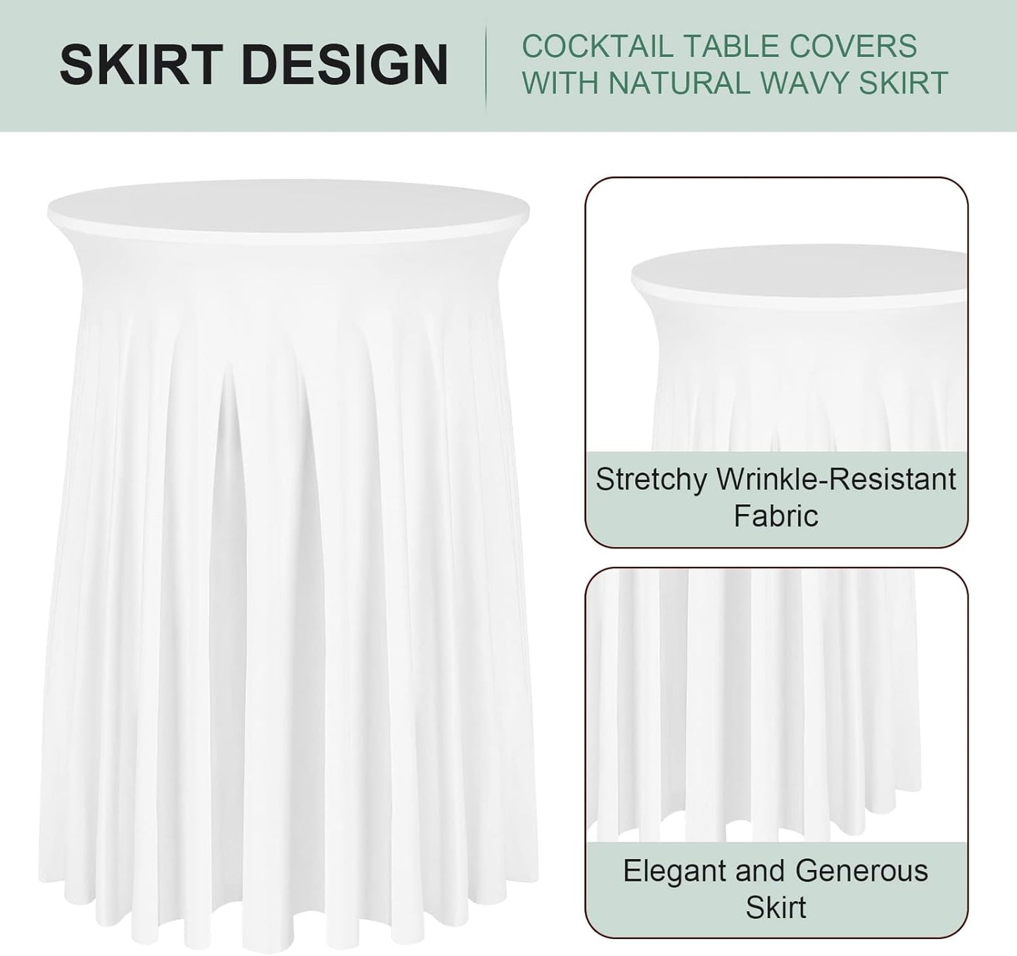 Cocktail Table Covers - 2 Pack 32"x 43" White Cocktail Table Tablecloth with Natural Wavy Round Skirt for Bar Wedding Party Banquet